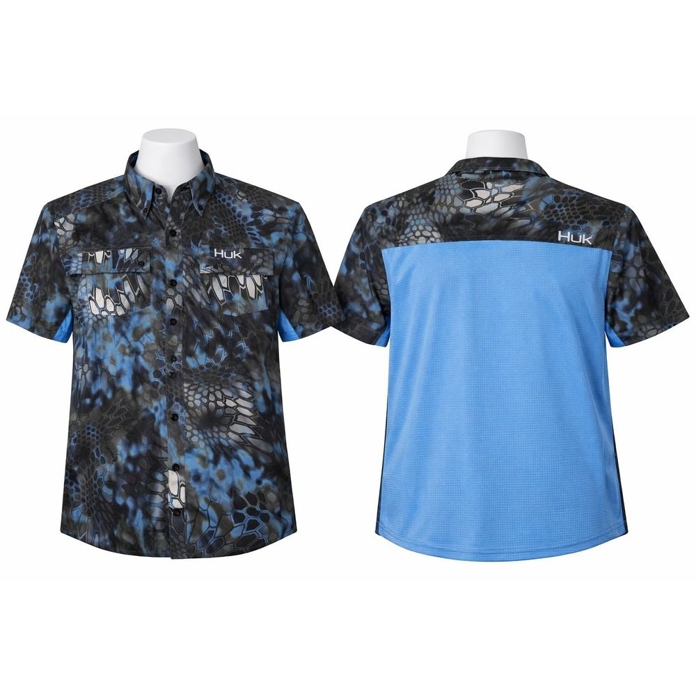 Huk Performance Fishing Shirt Mens Medium Blue Kryptek Neptune Camo Short Sleeve